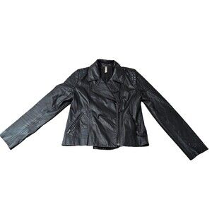 Mural Black Leather Long Sleeves Collard V-Neckline Women's Jacket Size L